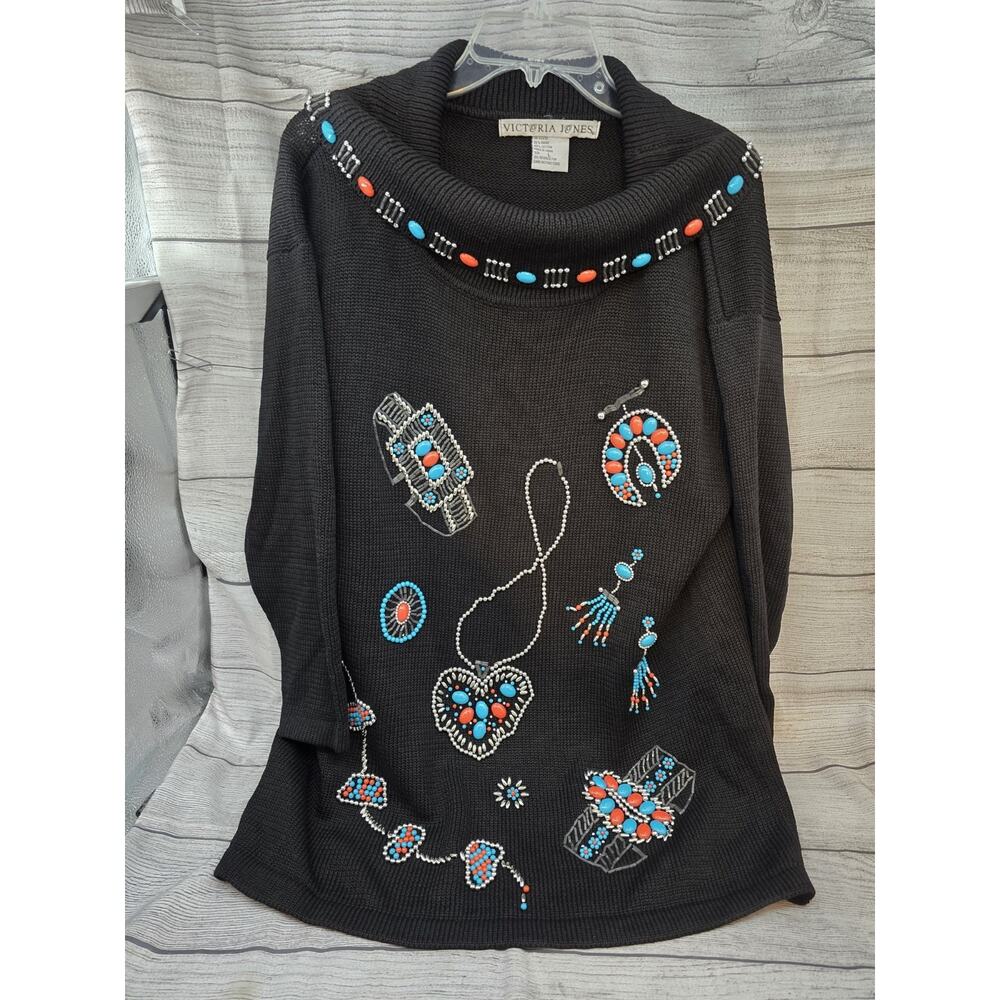 Victoria Jones Black Cowl Neck Beaded Pullover LARGE American Indian Design